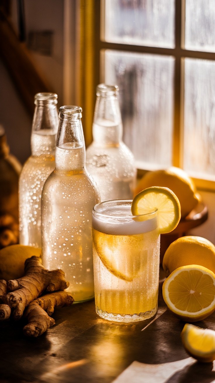 Homemade Fermented Ginger Beer Recipe Homemade ginger beer bottles on a cozy kitchen bar, with fresh ginger and lemon, displaying a refreshing fizzy drink.