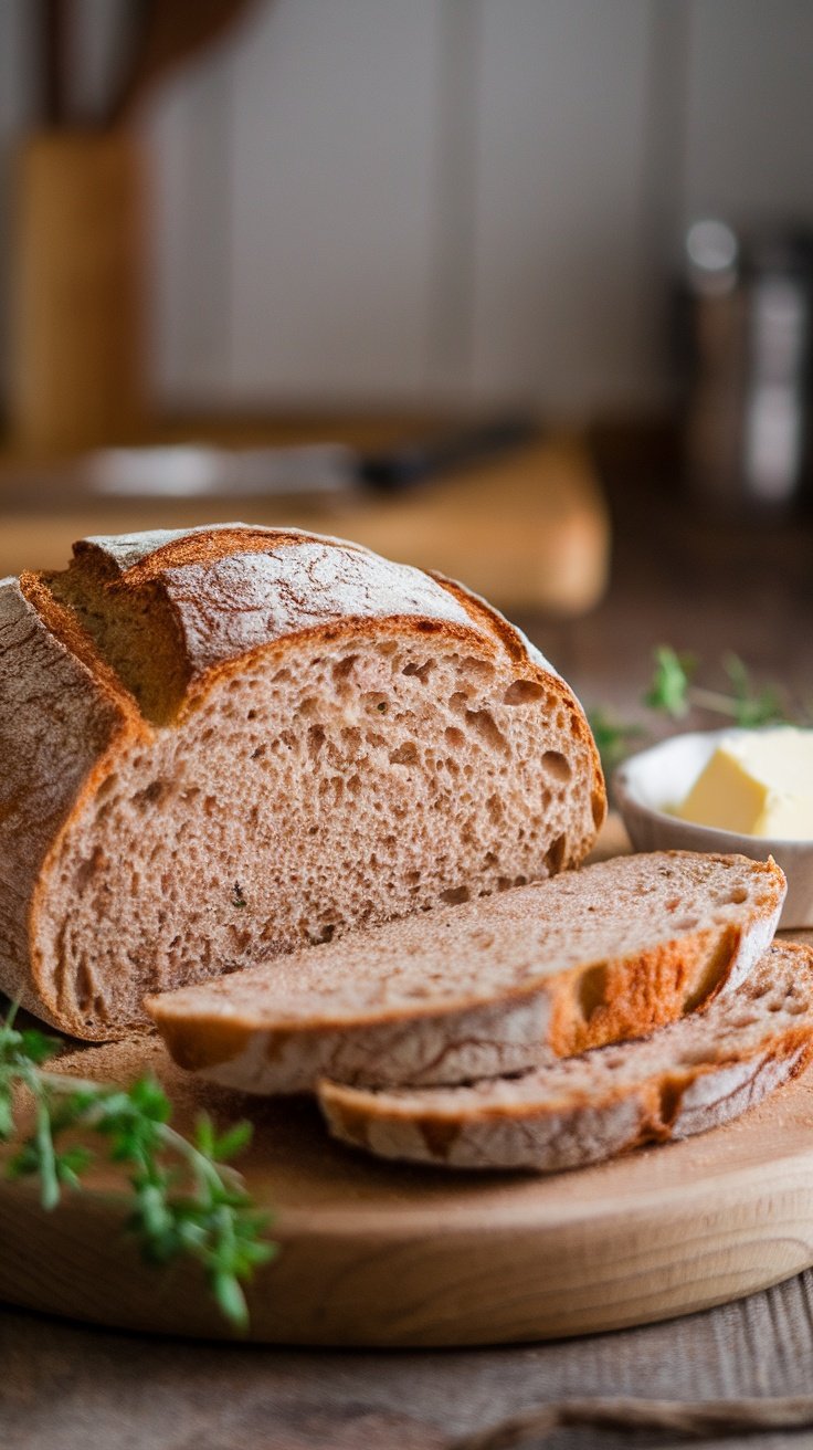 Crispy Crust Sourdough Spelt Bread Recipe A freshly baked sourdough spelt bread with crispy crust on a wooden board, sliced to show tender crumb, served with butter.